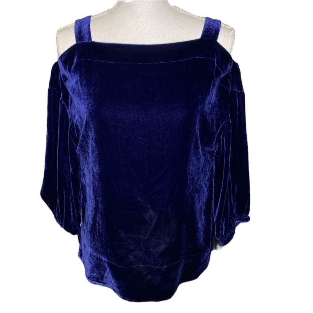 Tibi Navy Blue Velvet Cold Shoulder Blouse
